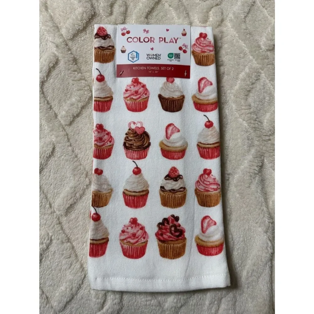 CP Valentine’s Day White Red Pink Tan Cupcakes Hearts Cotton Bamboo Tea Towels